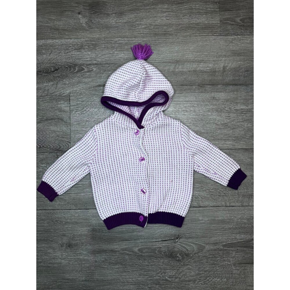 Baby Hooded Knit Cardigan Sweater Pom Pom Purple White Button 6-12 Months
